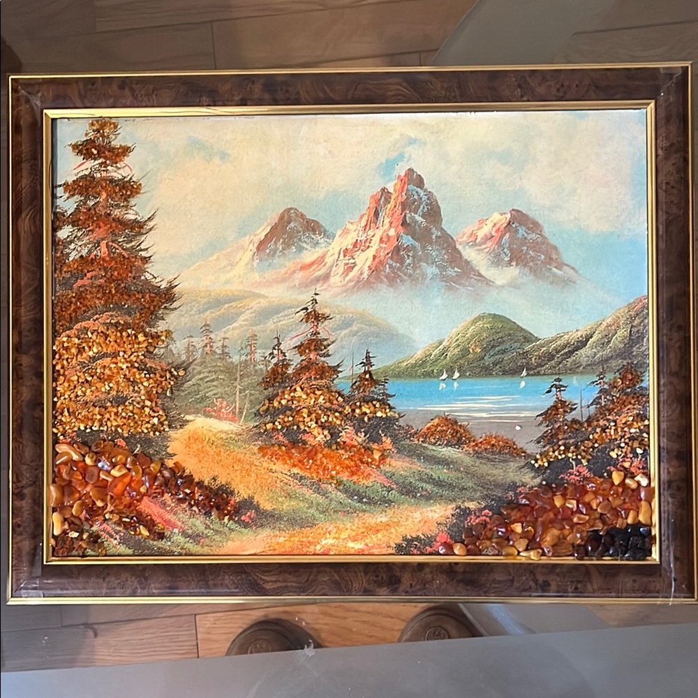 2 Scenic Mountain Landscape Art in Brown Frame with real amber